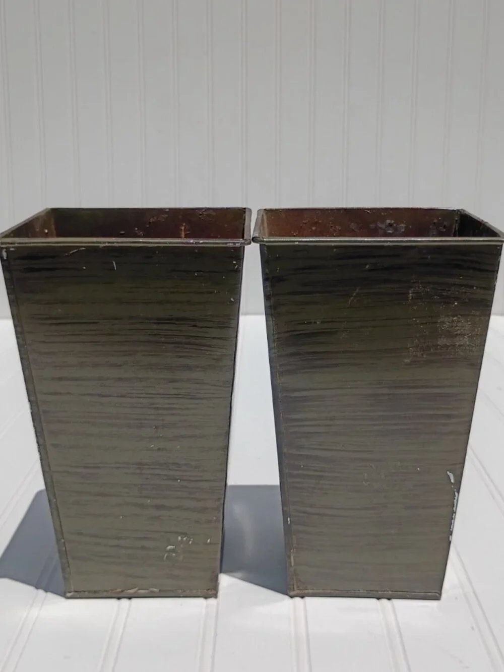 Vintage Metal Vases Planters Set of 2 Rectangular Tapered Industrial Rustic 8.5